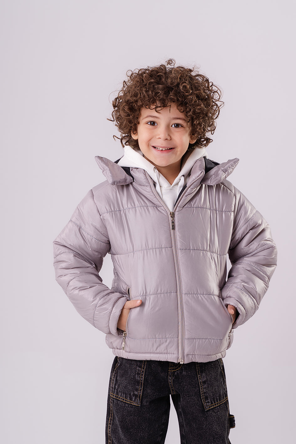 Boys Gray Puffer Down Jacket With Hood