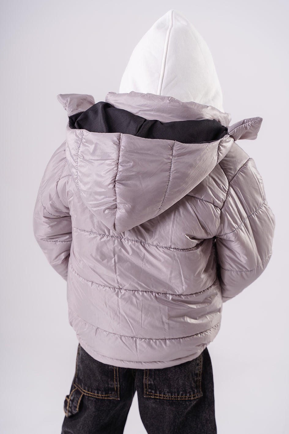 Boys Gray Puffer Down Jacket With Hood