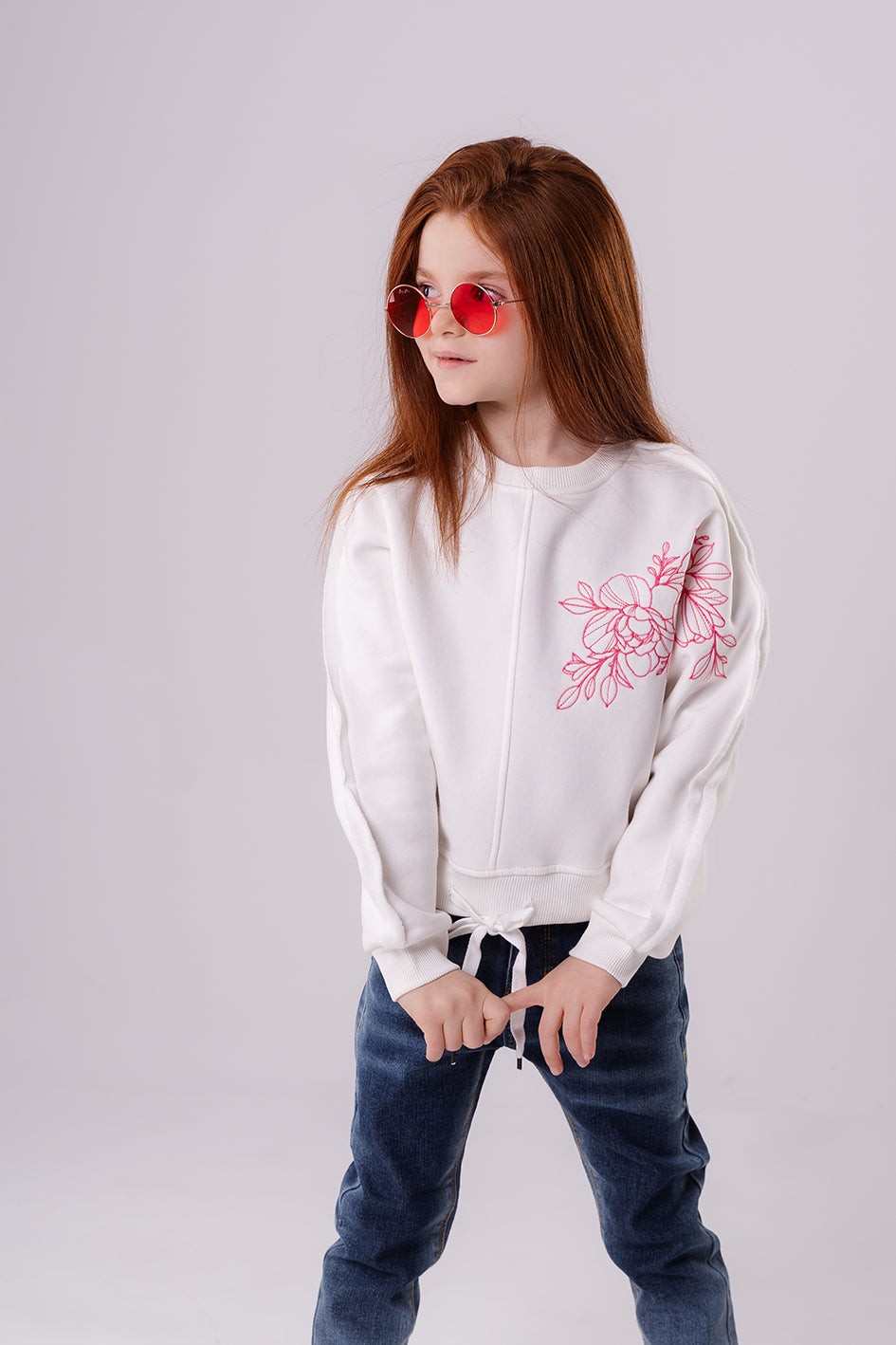 Girls White Fleece Embroidered Full Sleeves Sweatshirt