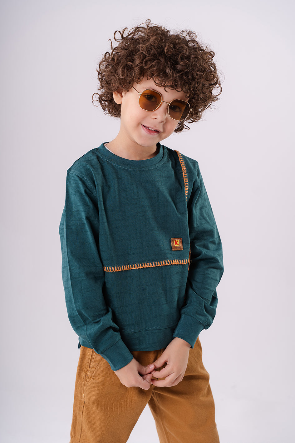 Boys Dark Turquoise Crew Neck Sweatshirt With Embroidery