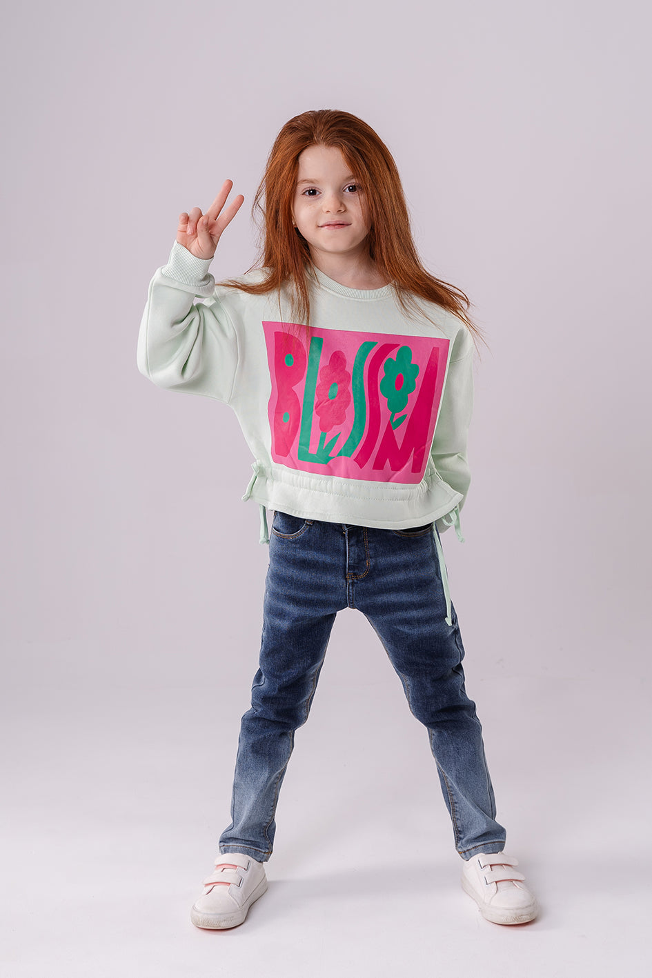 Girls Mint Green Sweatshirt With Blossom Printed