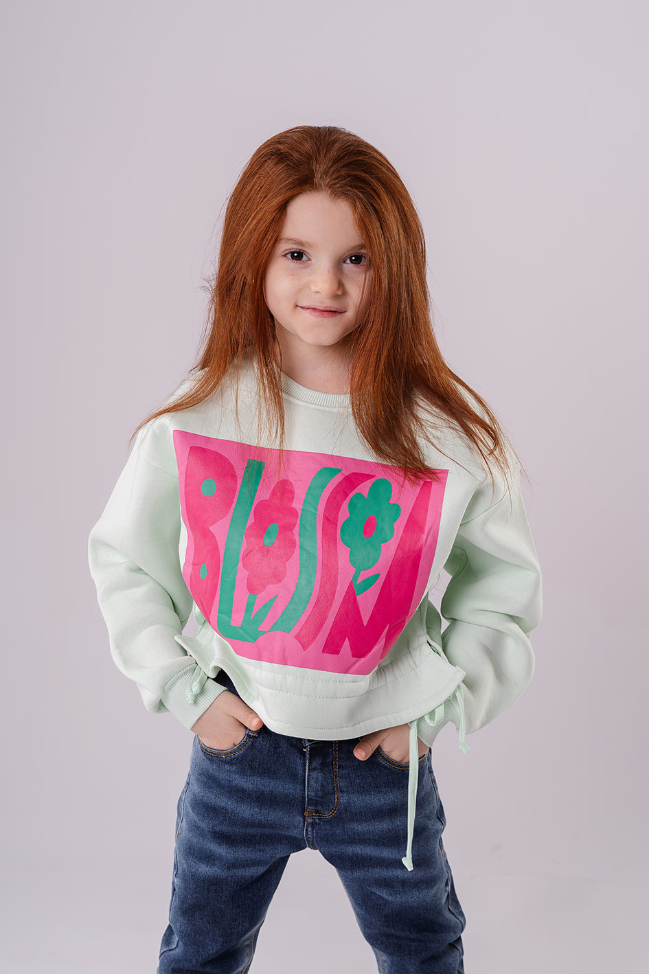 Girls Mint Green Sweatshirt With Blossom Printed