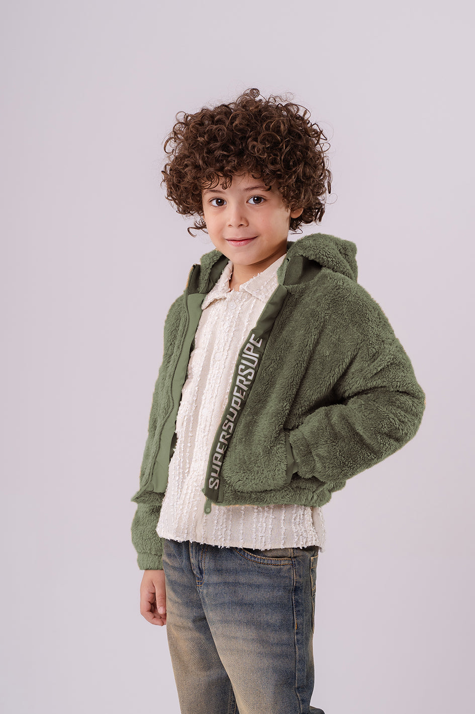 Boys Olive Faux Fur Hooded Jacket