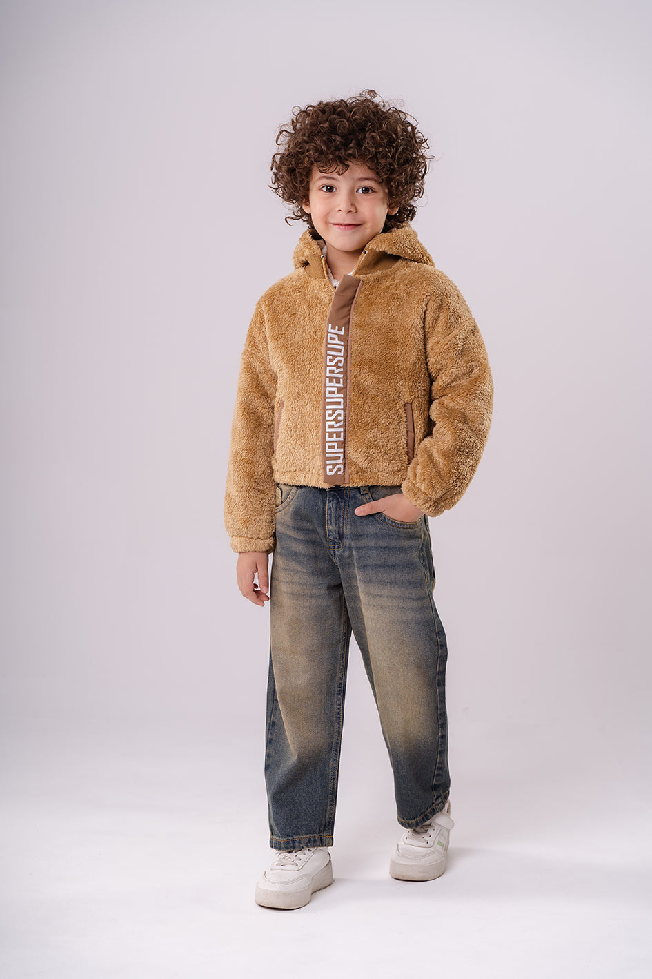 Boys Brown Faux Fur Hooded Jacket