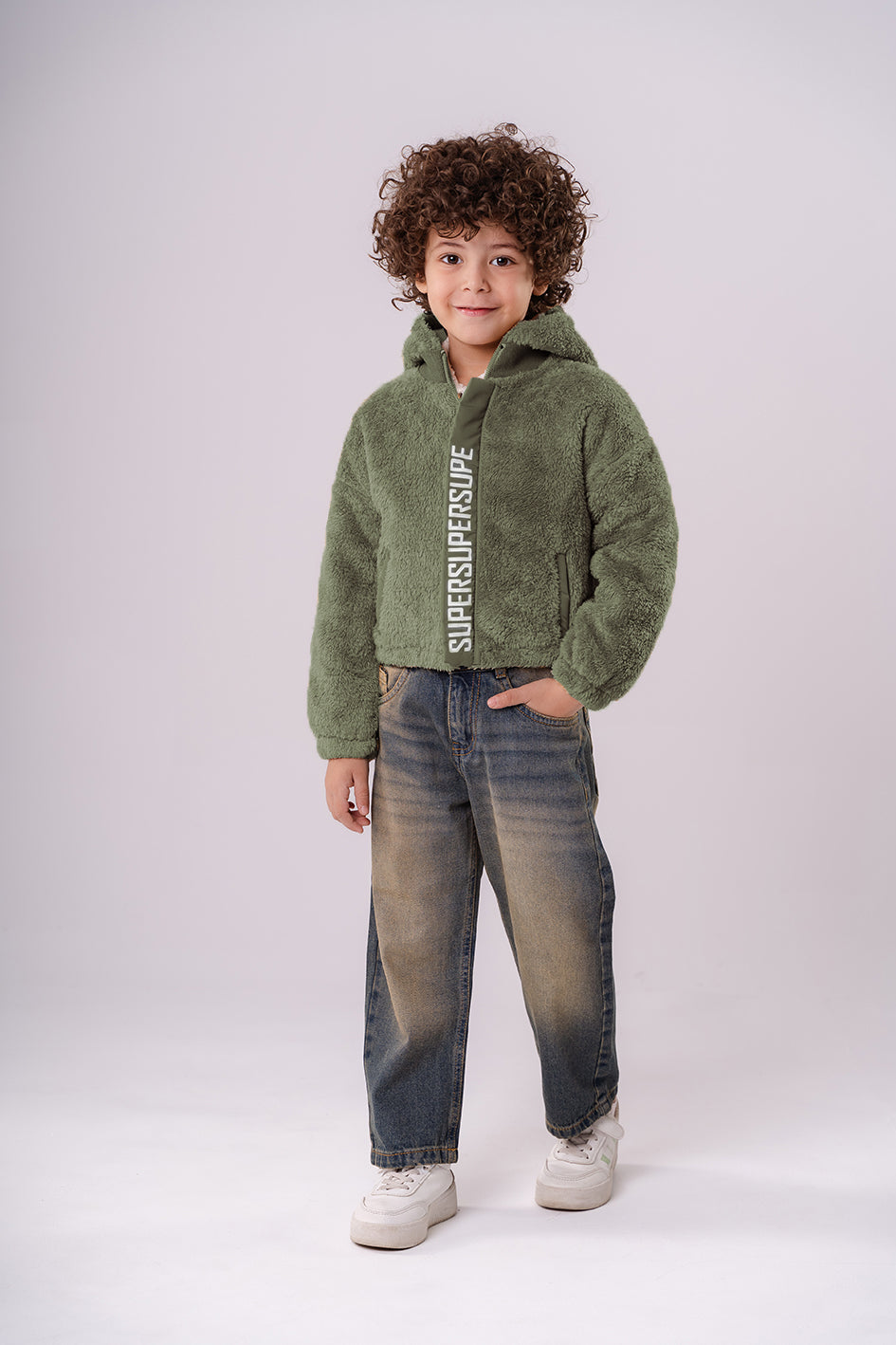 Boys Olive Faux Fur Hooded Jacket