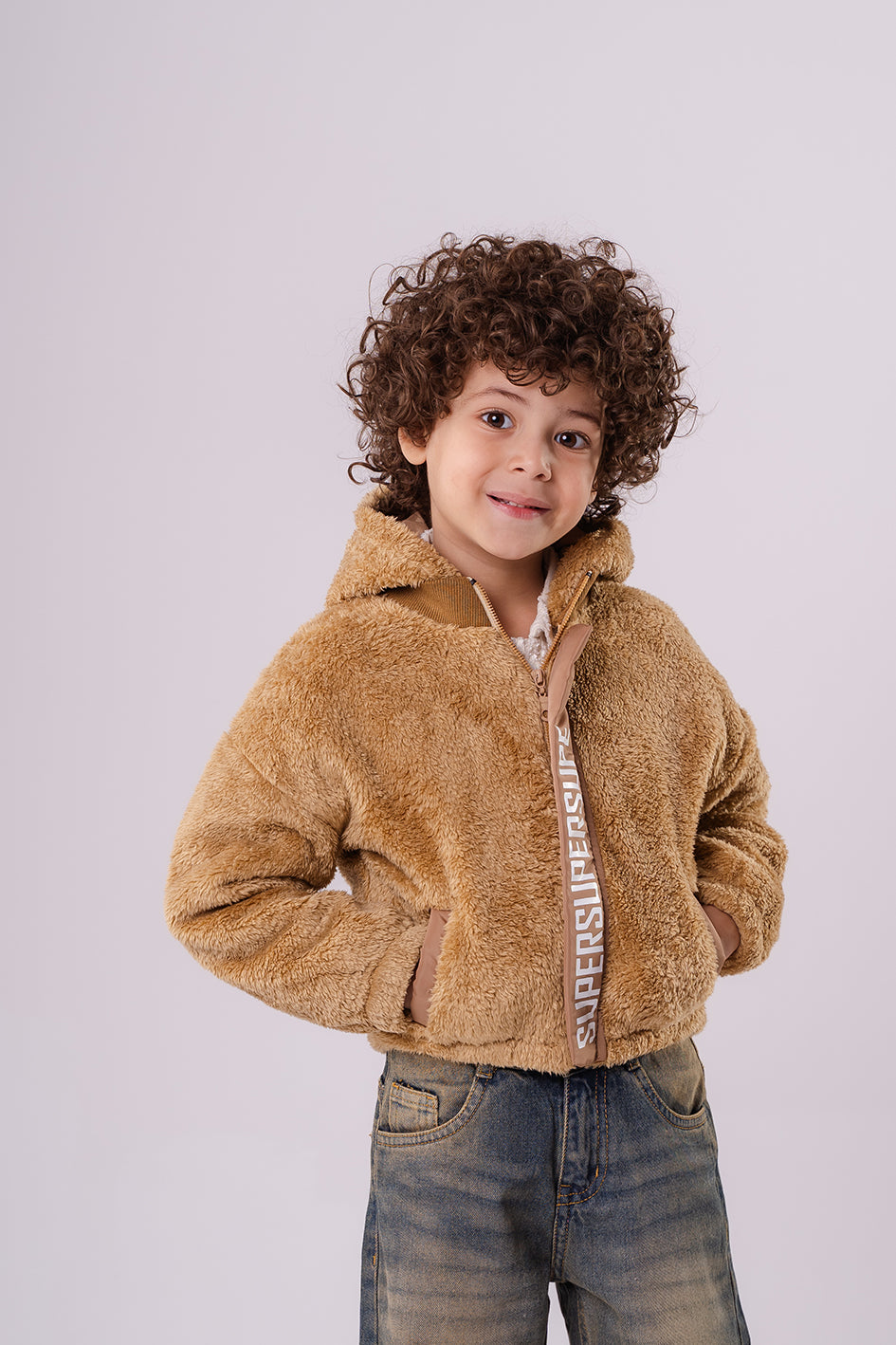 Boys Brown Faux Fur Hooded Jacket