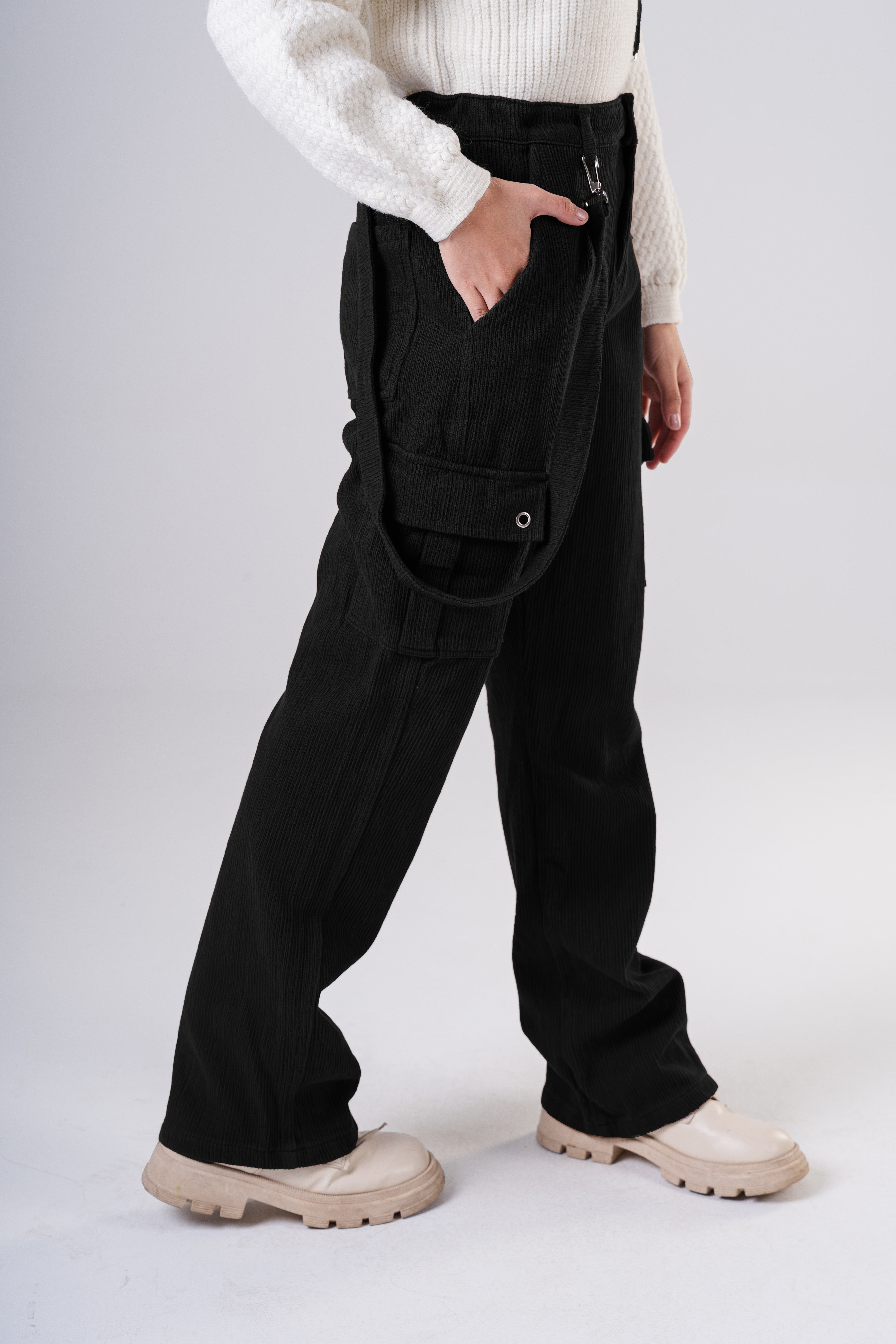 Girls Corduroy Cargo Pants with Removable Suspenders