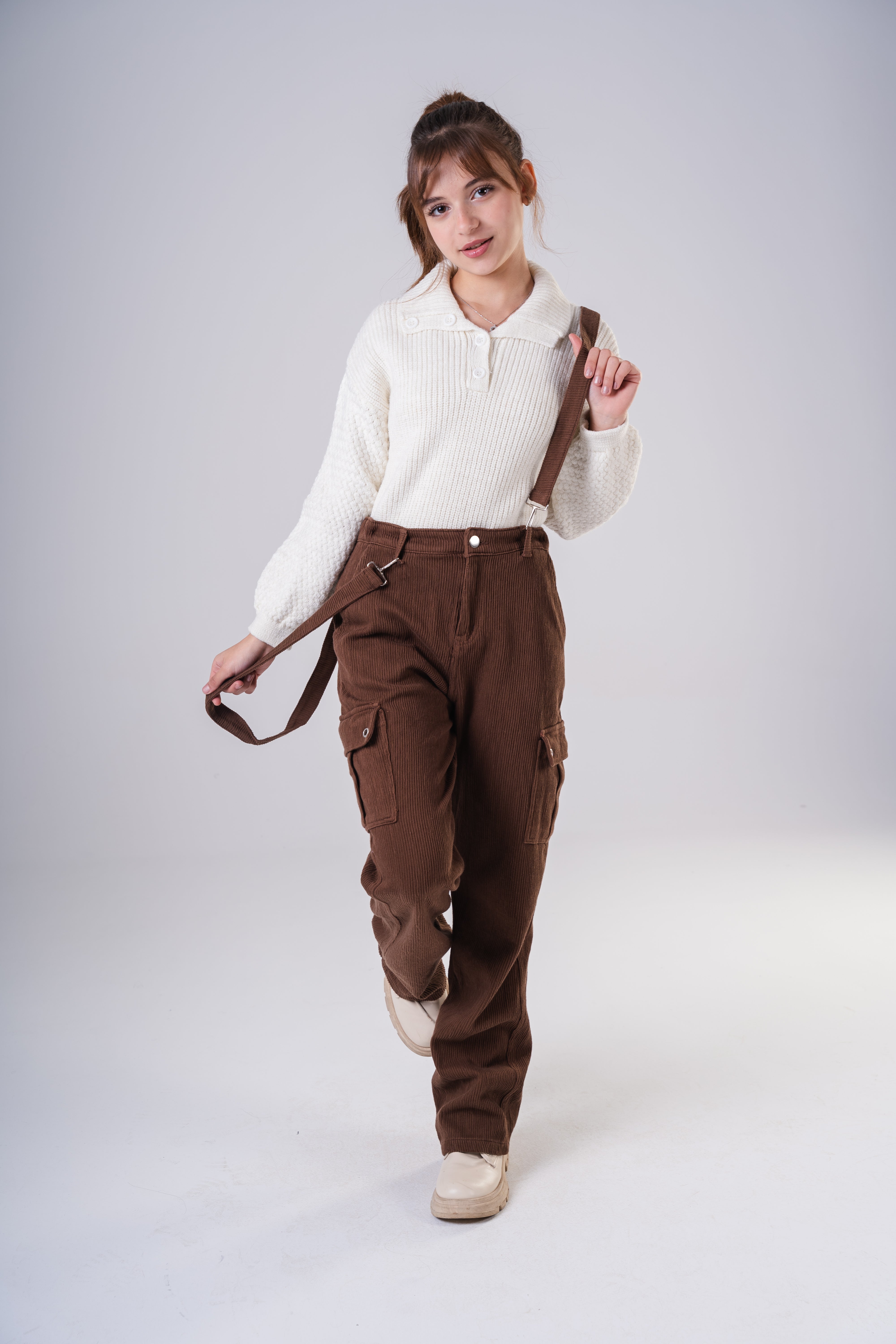 Girls Corduroy Cargo Pants with Removable Suspenders