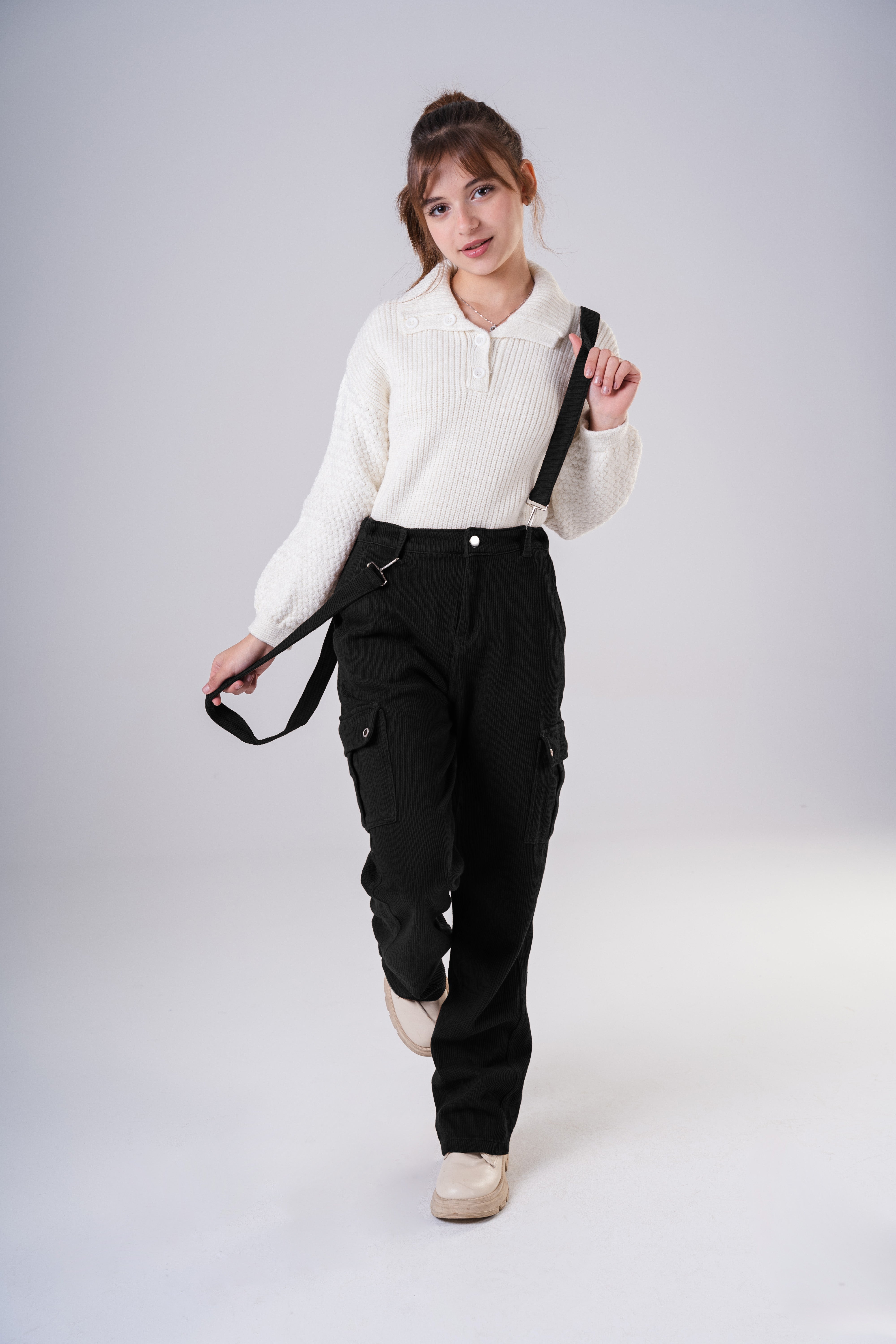 Girls Corduroy Cargo Pants with Removable Suspenders