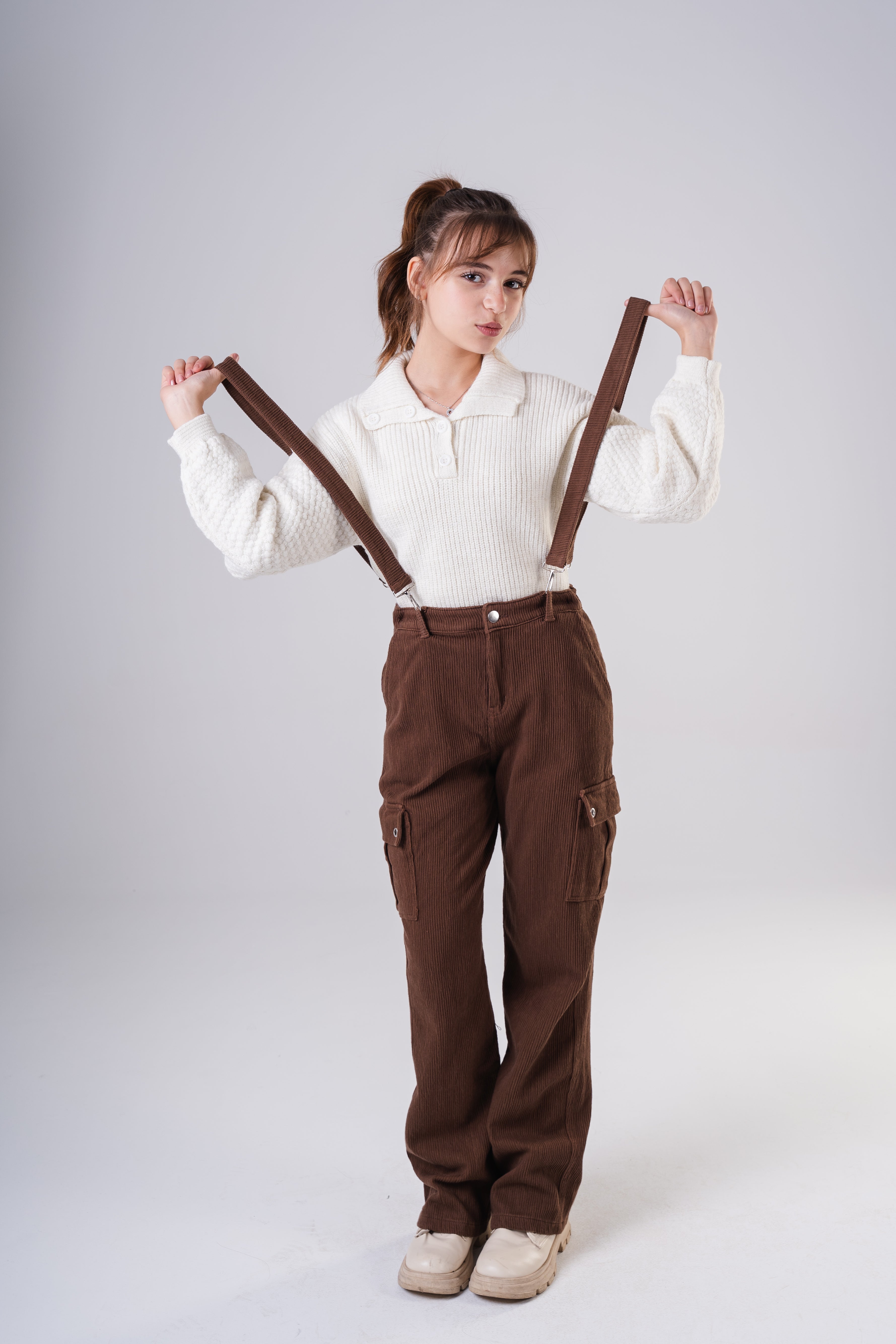 Girls Corduroy Cargo Pants with Removable Suspenders