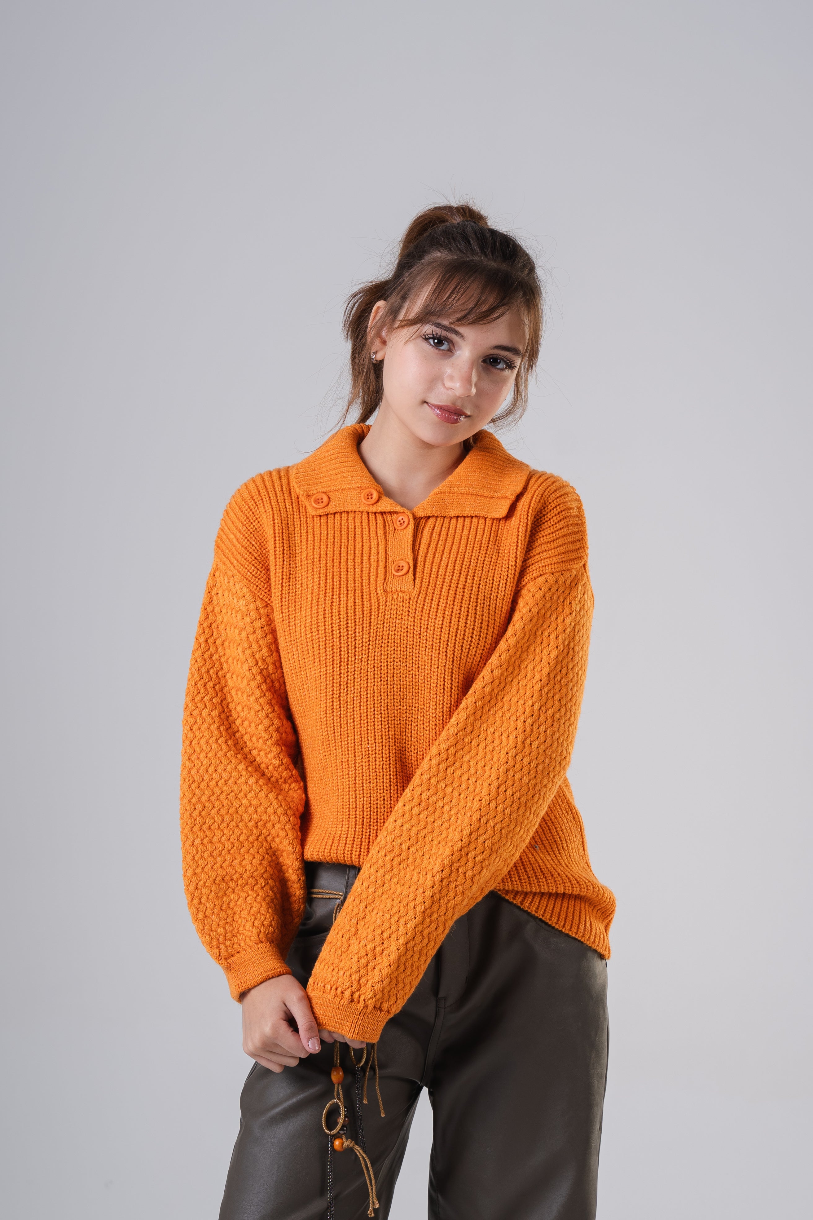Girls Knit Pullover with Button Collar