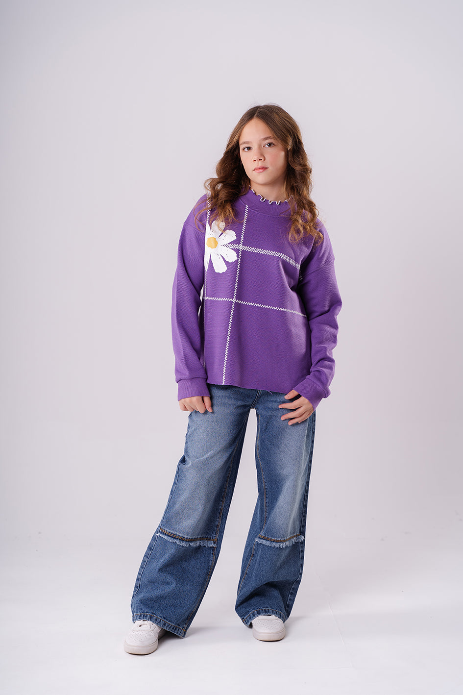 Girls Purple Crew Neck Long Sleeve Printed