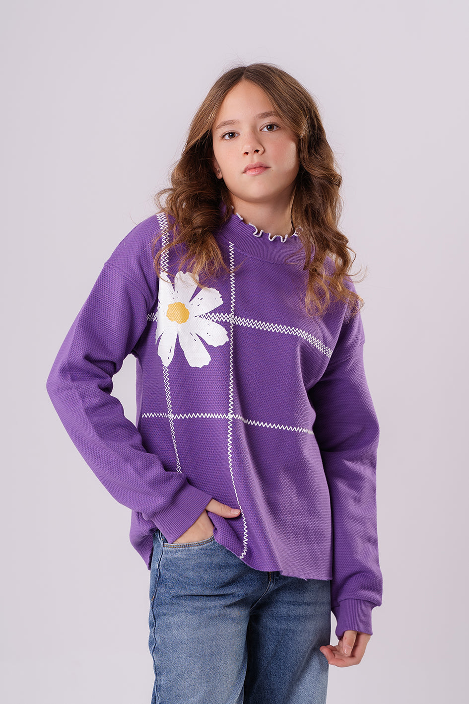 Girls Purple Crew Neck Long Sleeve Printed