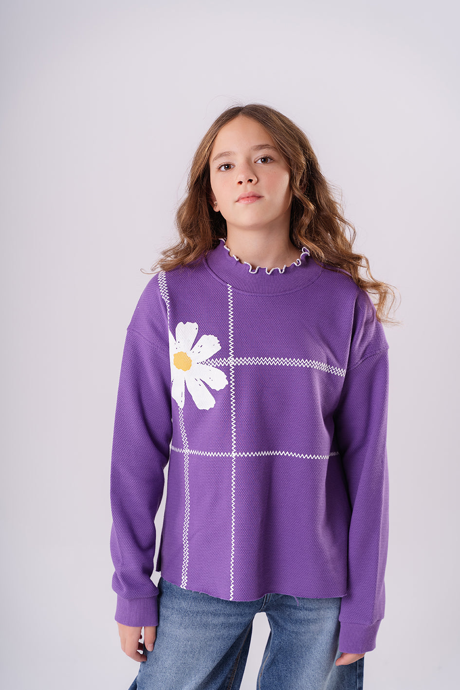 Girls Purple Crew Neck Long Sleeve Printed