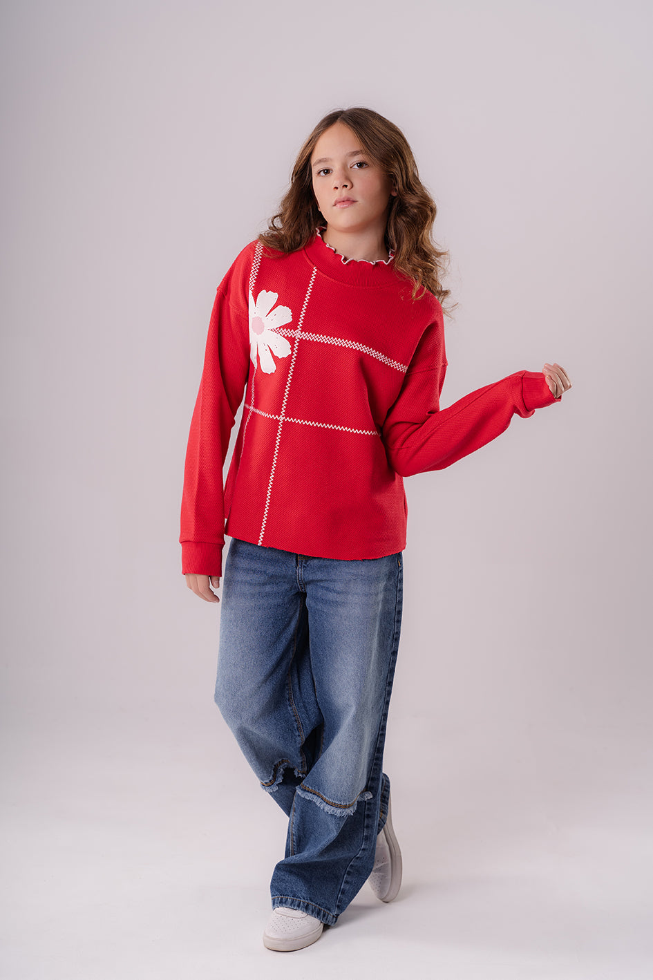 Girls Red Crew Neck Long Sleeve Printed