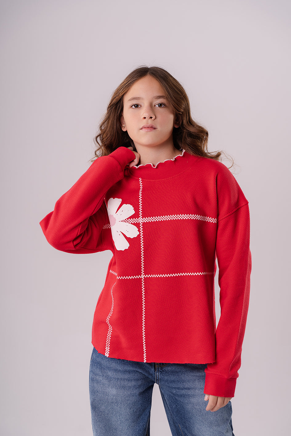 Girls Red Crew Neck Long Sleeve Printed