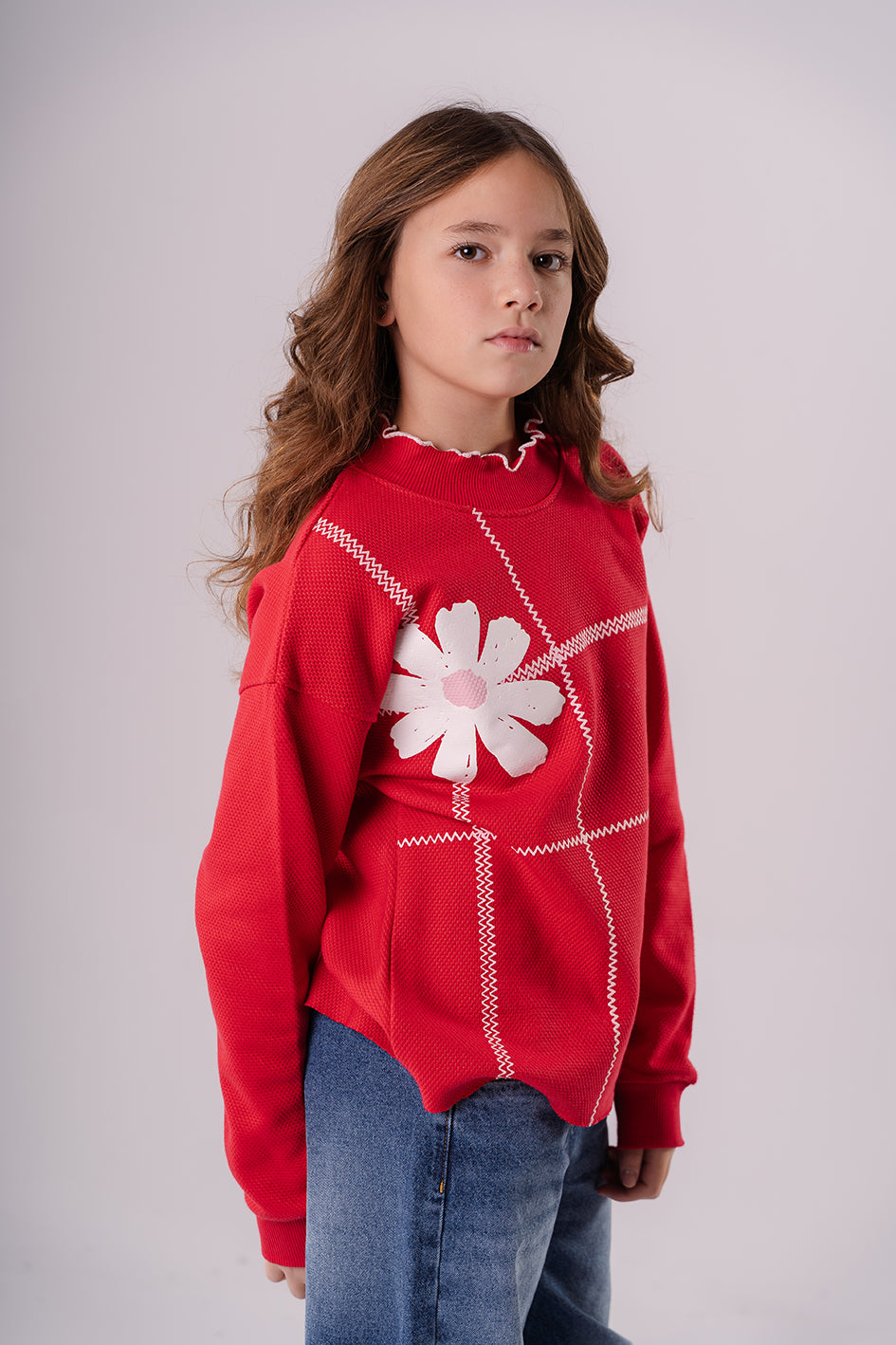 Girls Red Crew Neck Long Sleeve Printed