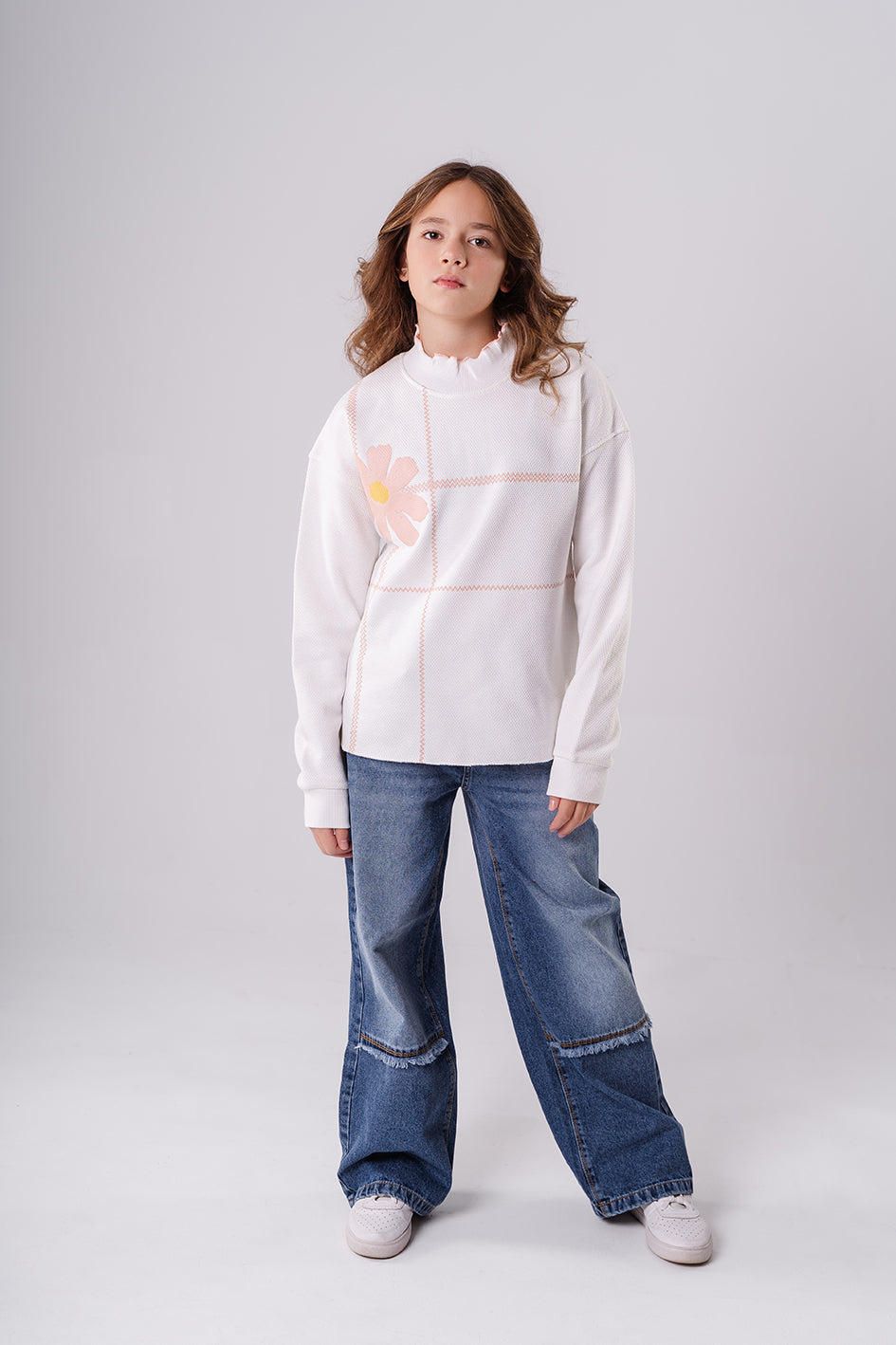 Girls White Crew Neck Long Sleeve Printed