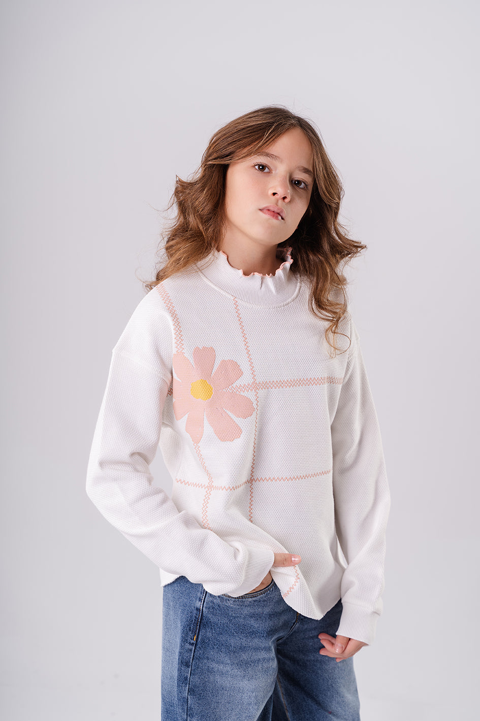 Girls White Crew Neck Long Sleeve Printed