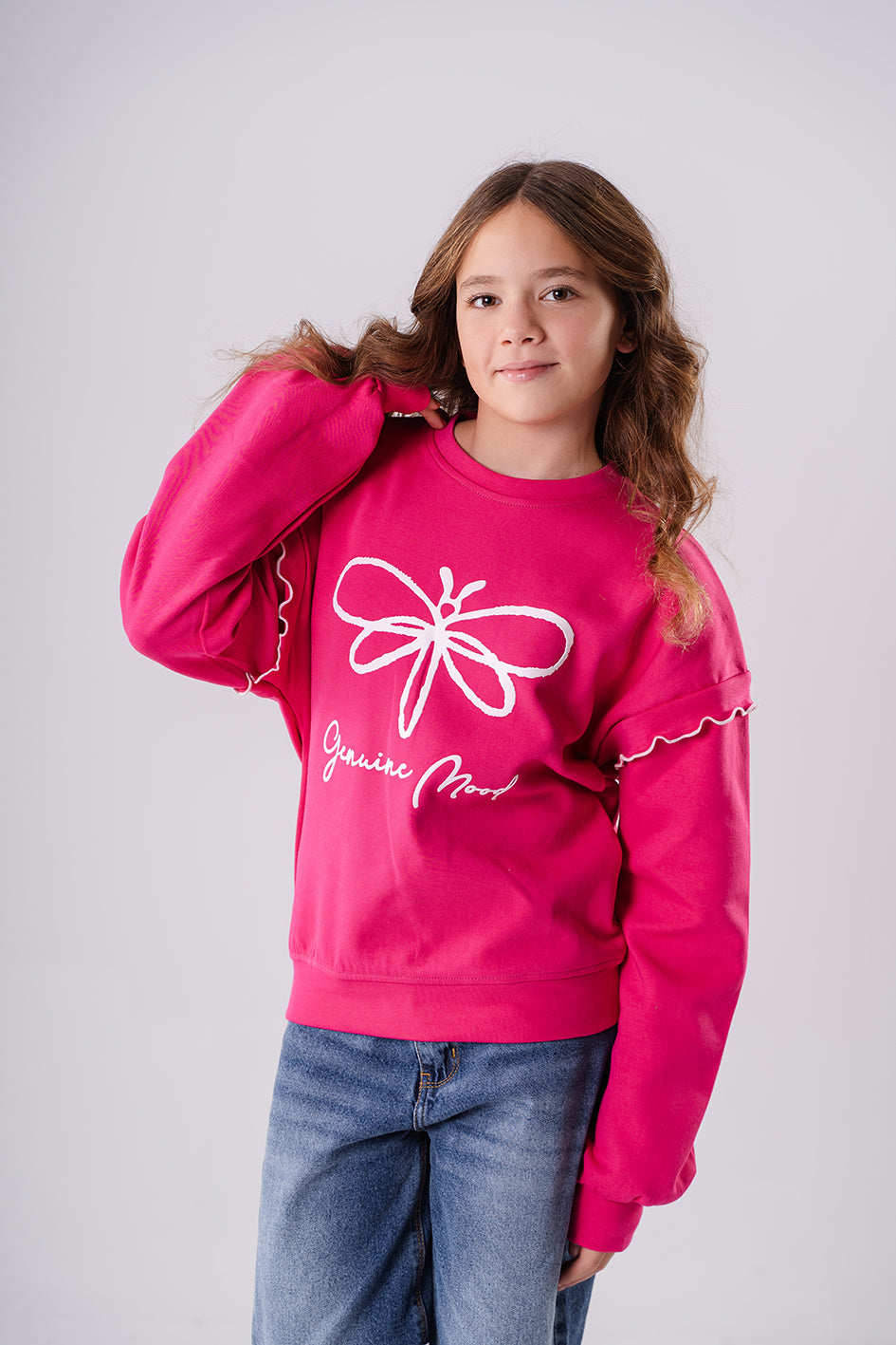 Girls Fuchsia Crew Neck Long Sleeve Printed