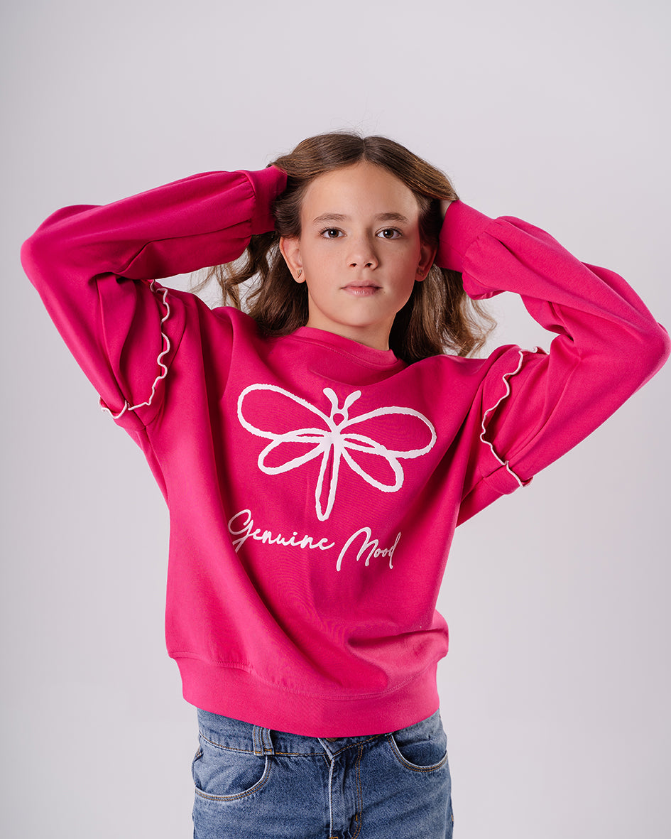 Girls Fuchsia Crew Neck Long Sleeve Printed