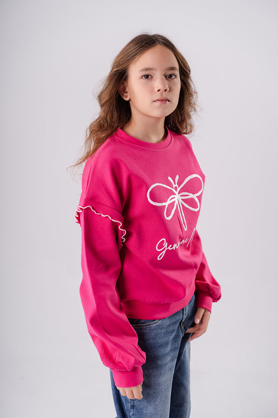 Girls Fuchsia Crew Neck Long Sleeve Printed