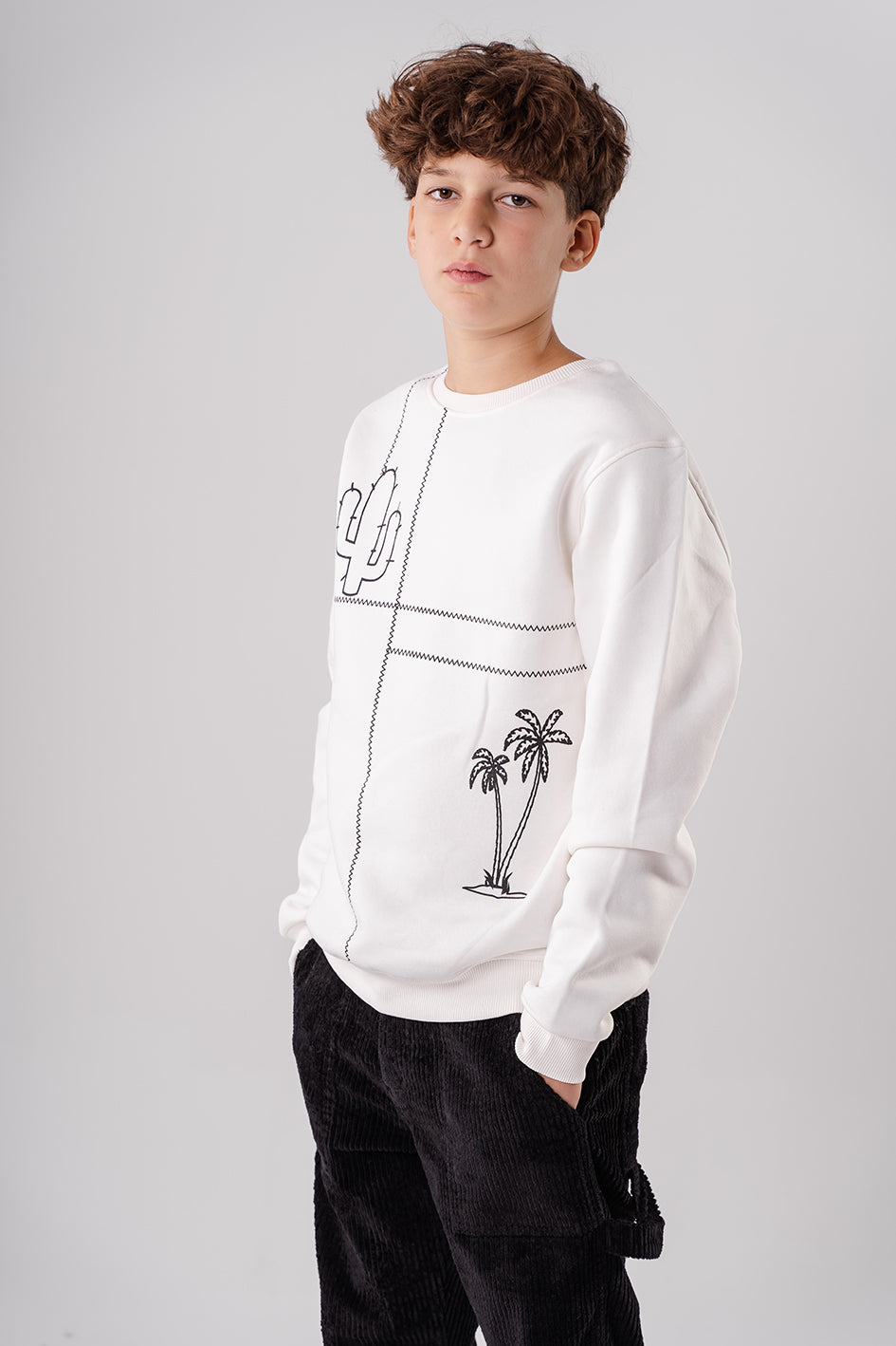 Boys Printed White Fleece Sweatshirt