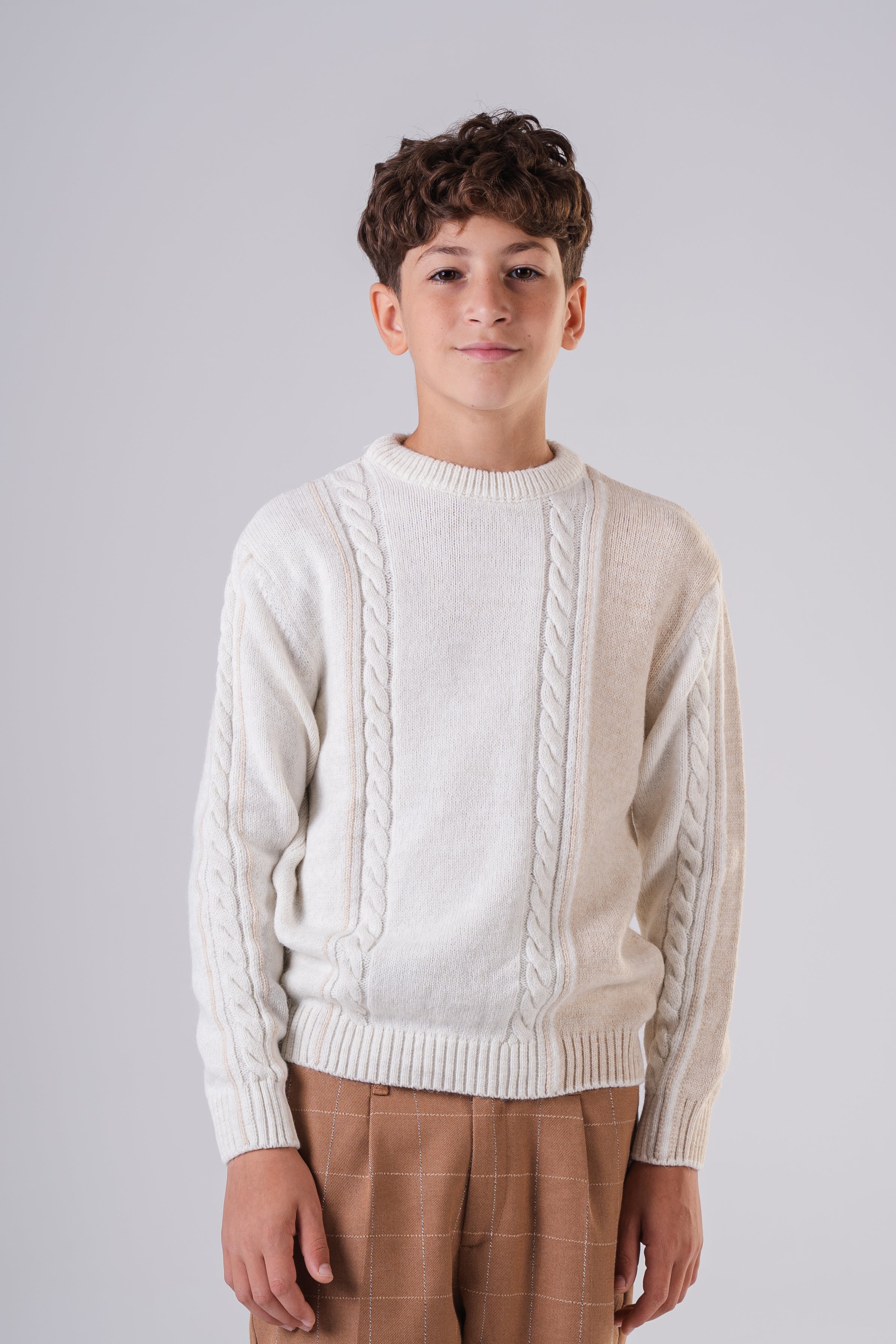 Boy's Textured Crewneck Sweater with Chunky Cable Knit