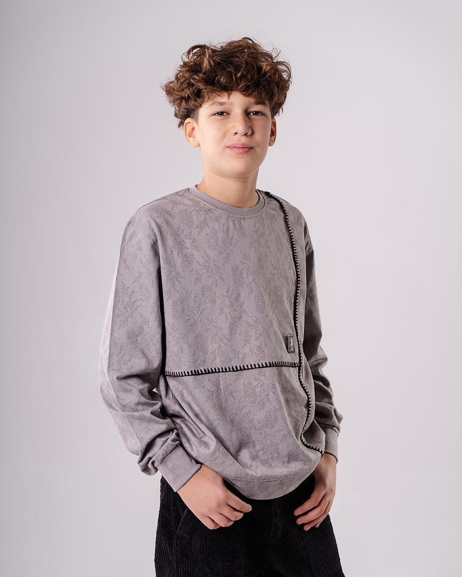 Boys Gray Crew Neck Sweatshirt With Embroidery