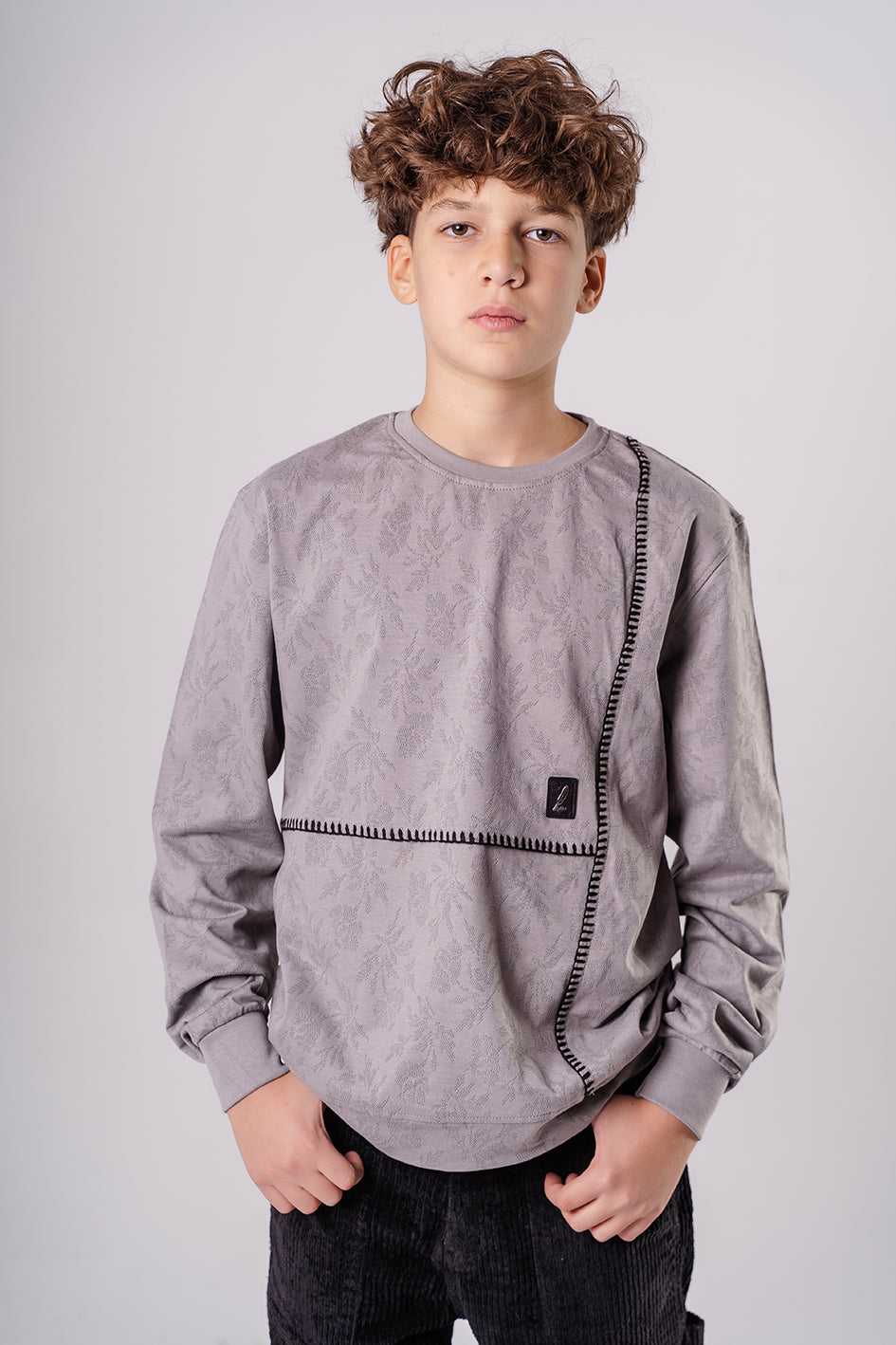 Boys Gray Crew Neck Sweatshirt With Embroidery