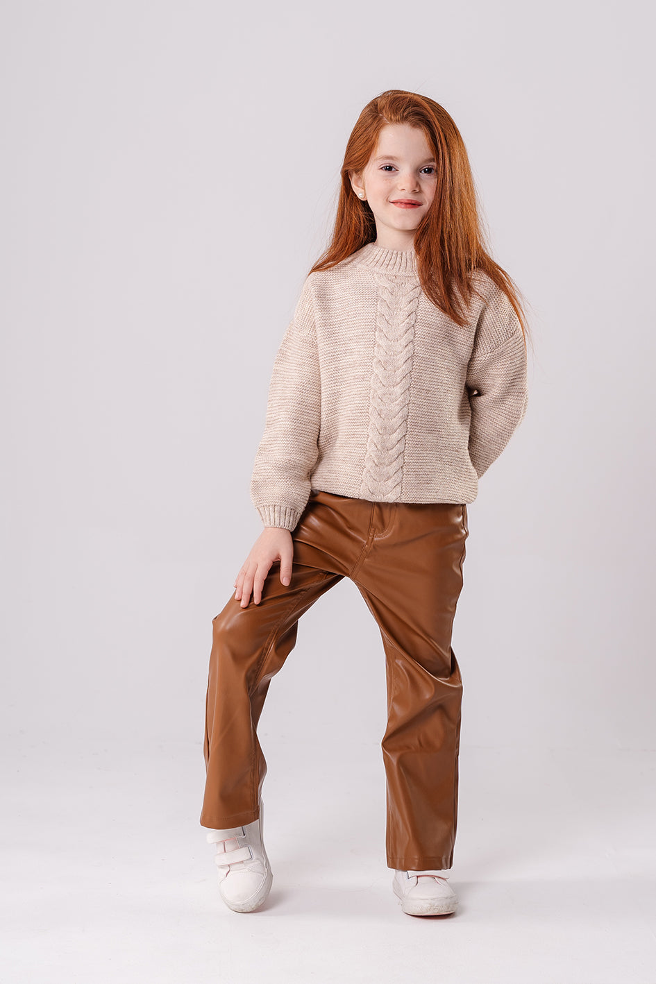 Girls Beige Knitted Crewneck Pullover