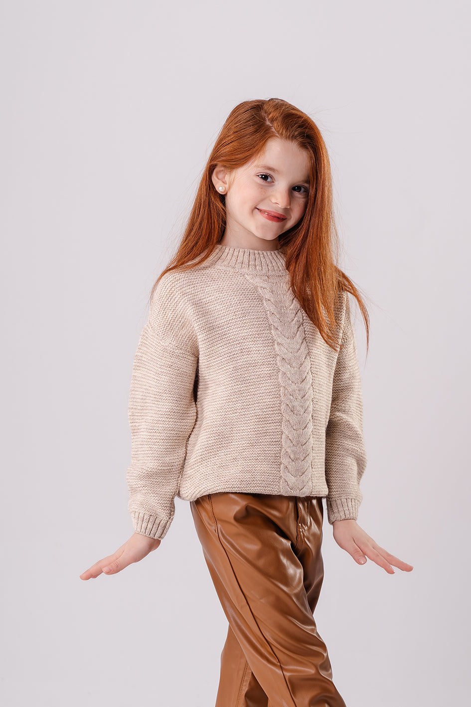 Girls Beige Knitted Crewneck Pullover