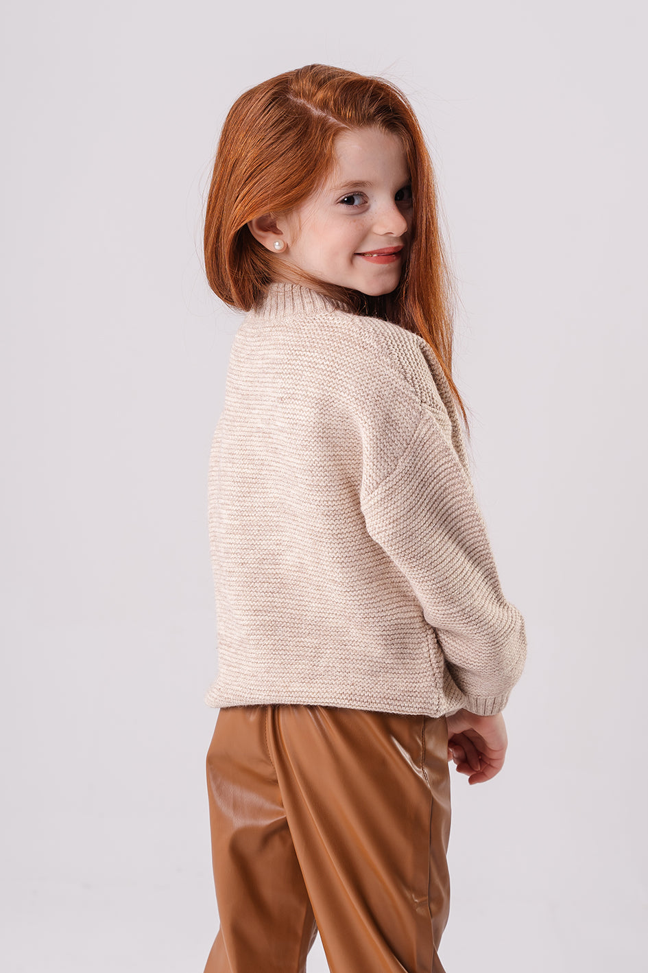 Girls Beige Knitted Crewneck Pullover