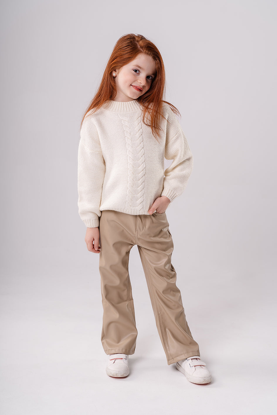 Girls White Knitted Crewneck Pullover