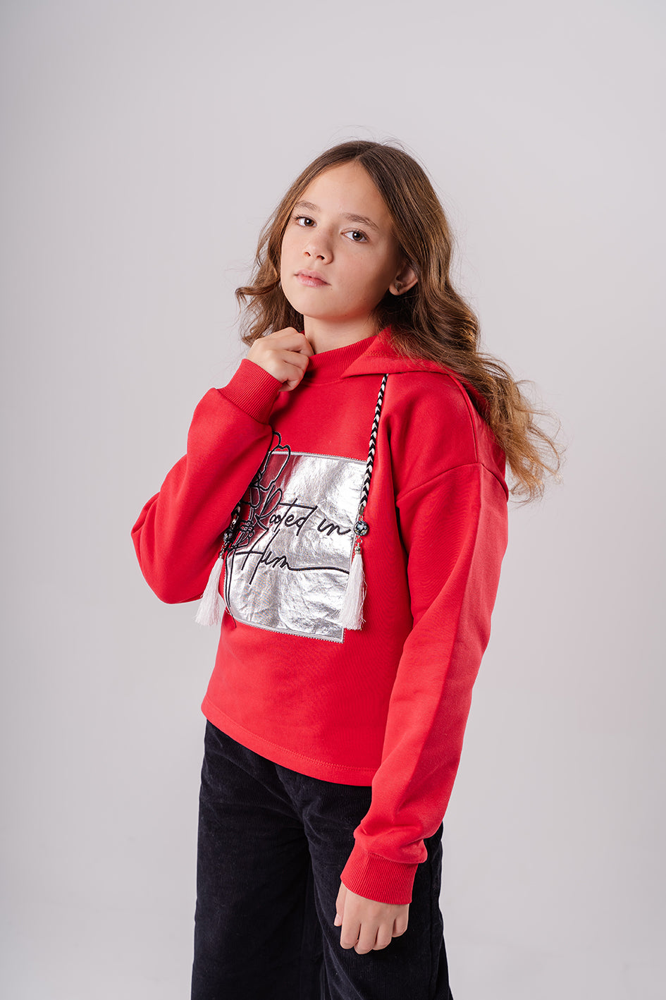 Girls Red Fleece Embroidered Full Sleeves Hoodie