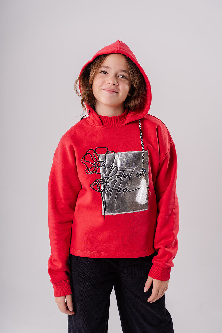 Girls Red Fleece Embroidered Full Sleeves Hoodie