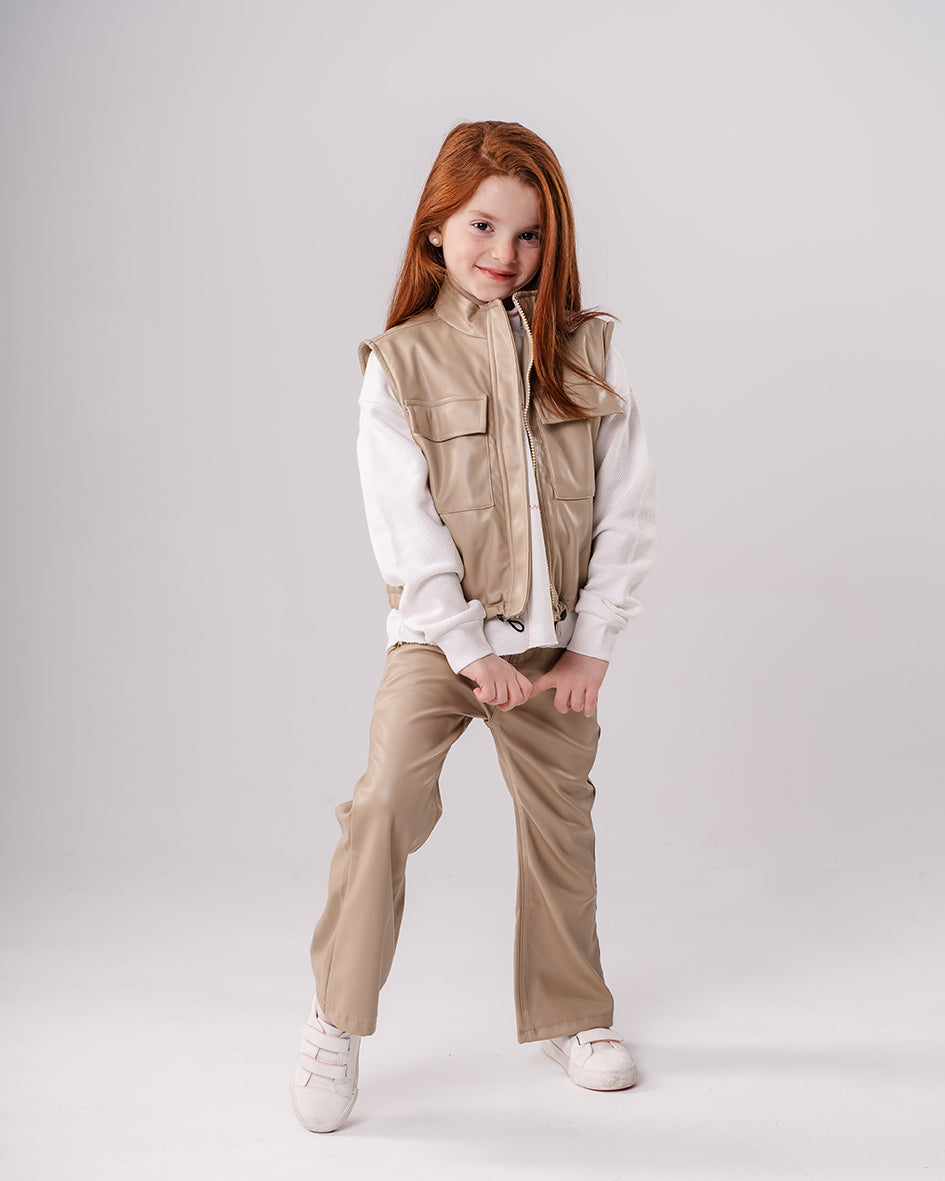 Girls Beige Leather short vest