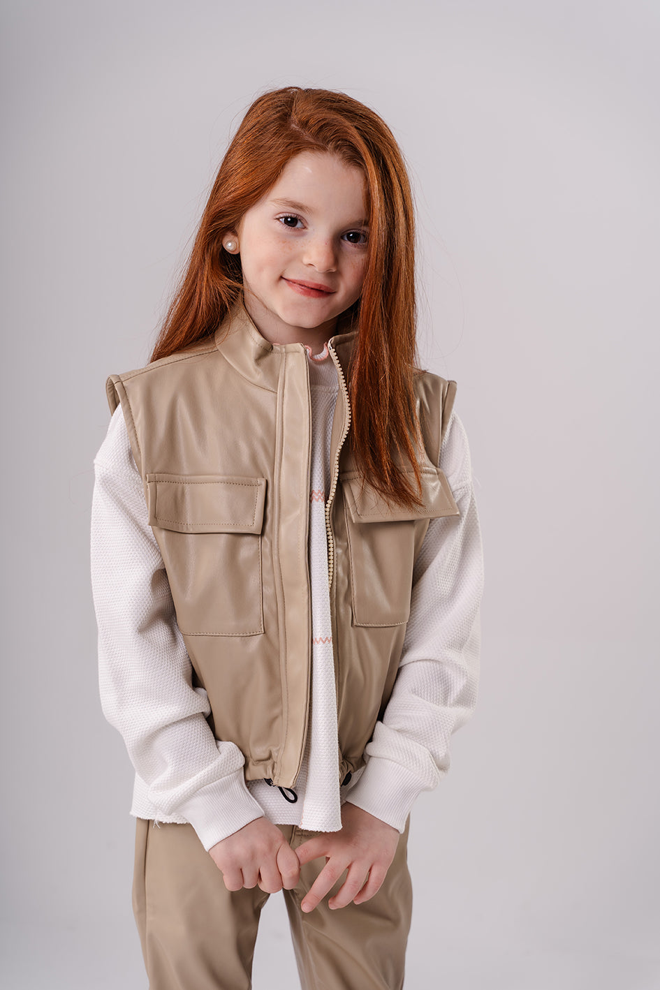 Girls Beige Leather short vest