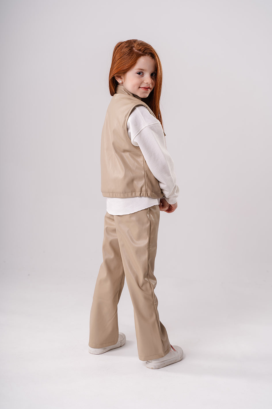 Girls Beige Leather short vest