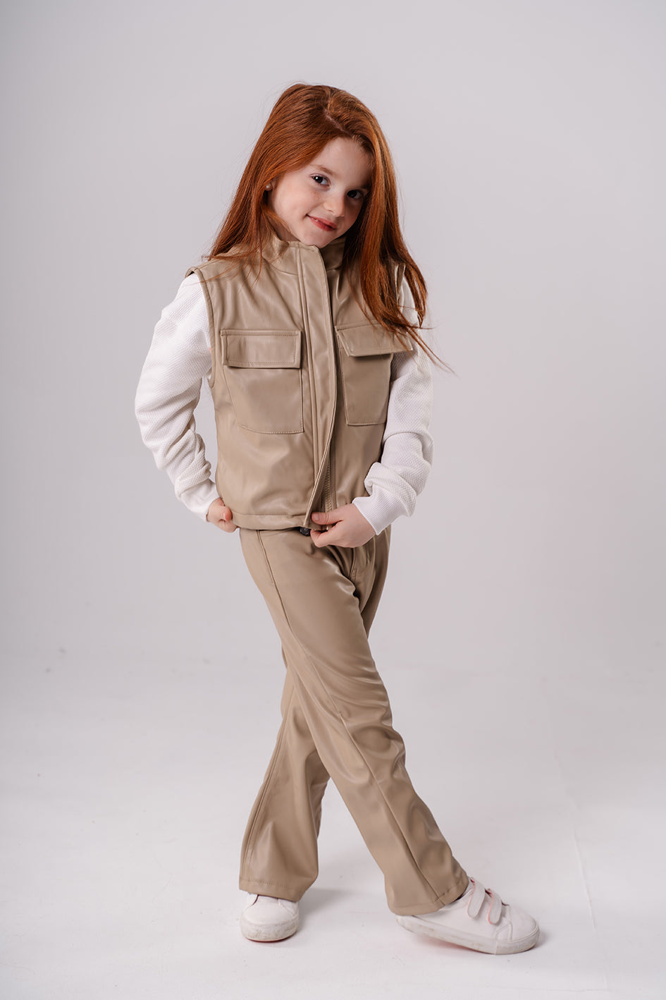 Girls Beige Leather short vest