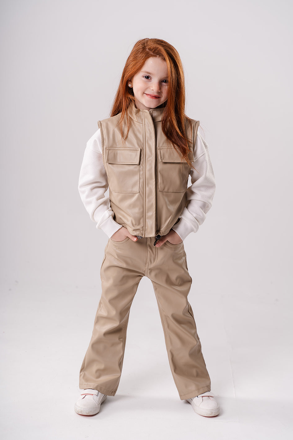 Girls Beige Leather short vest