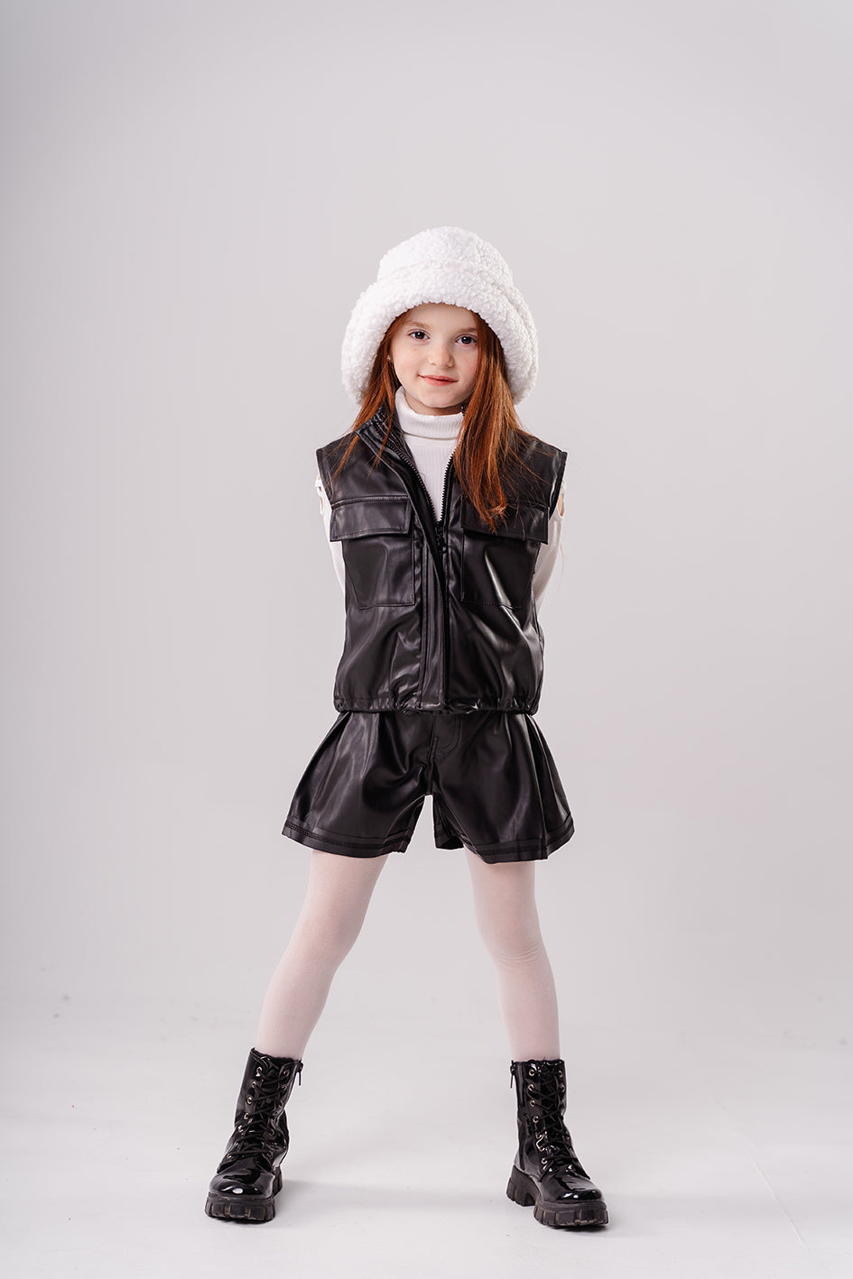 Girls Black Leather Contrast Stitch Shorts