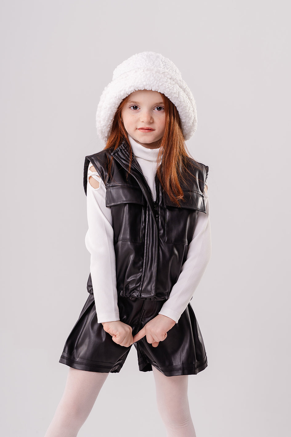 Girls Black Leather short vest