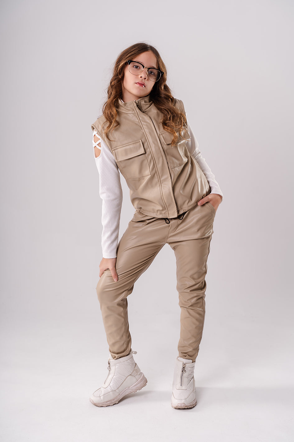 Girls Beige Leather trousers with a tie at the front