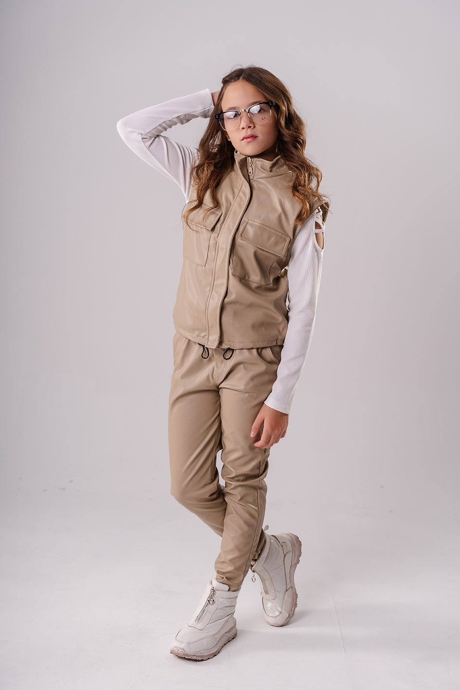 Girls Beige Leather trousers with a tie at the front