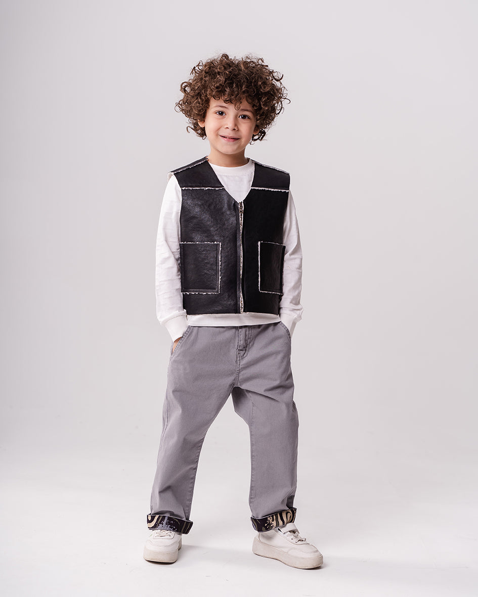 Boys Black Leather Vest With White Details