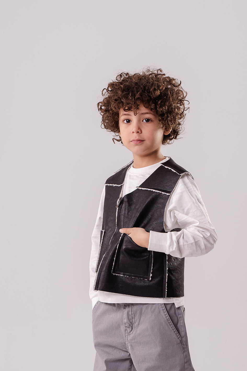 Boys Black Leather Vest With White Details