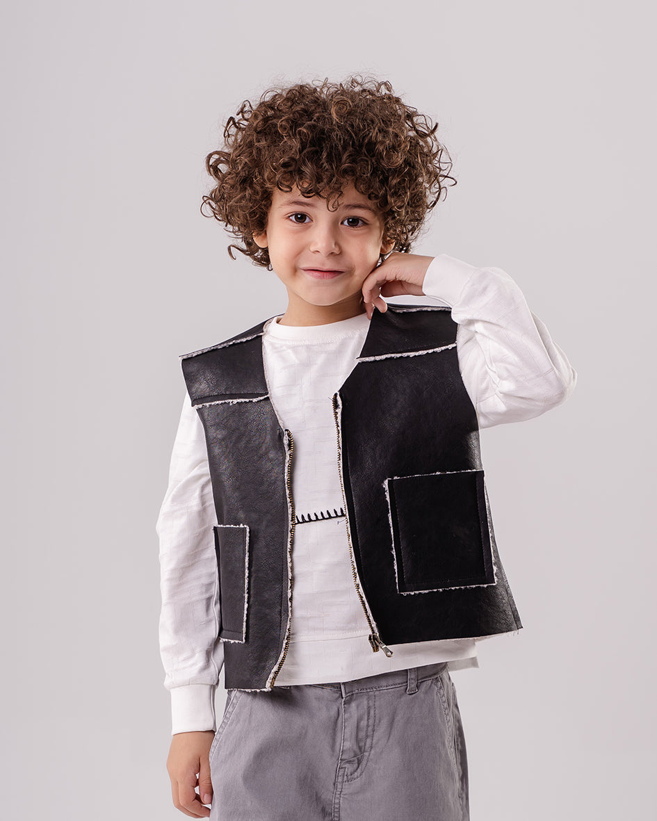 Boys Black Leather Vest With White Details