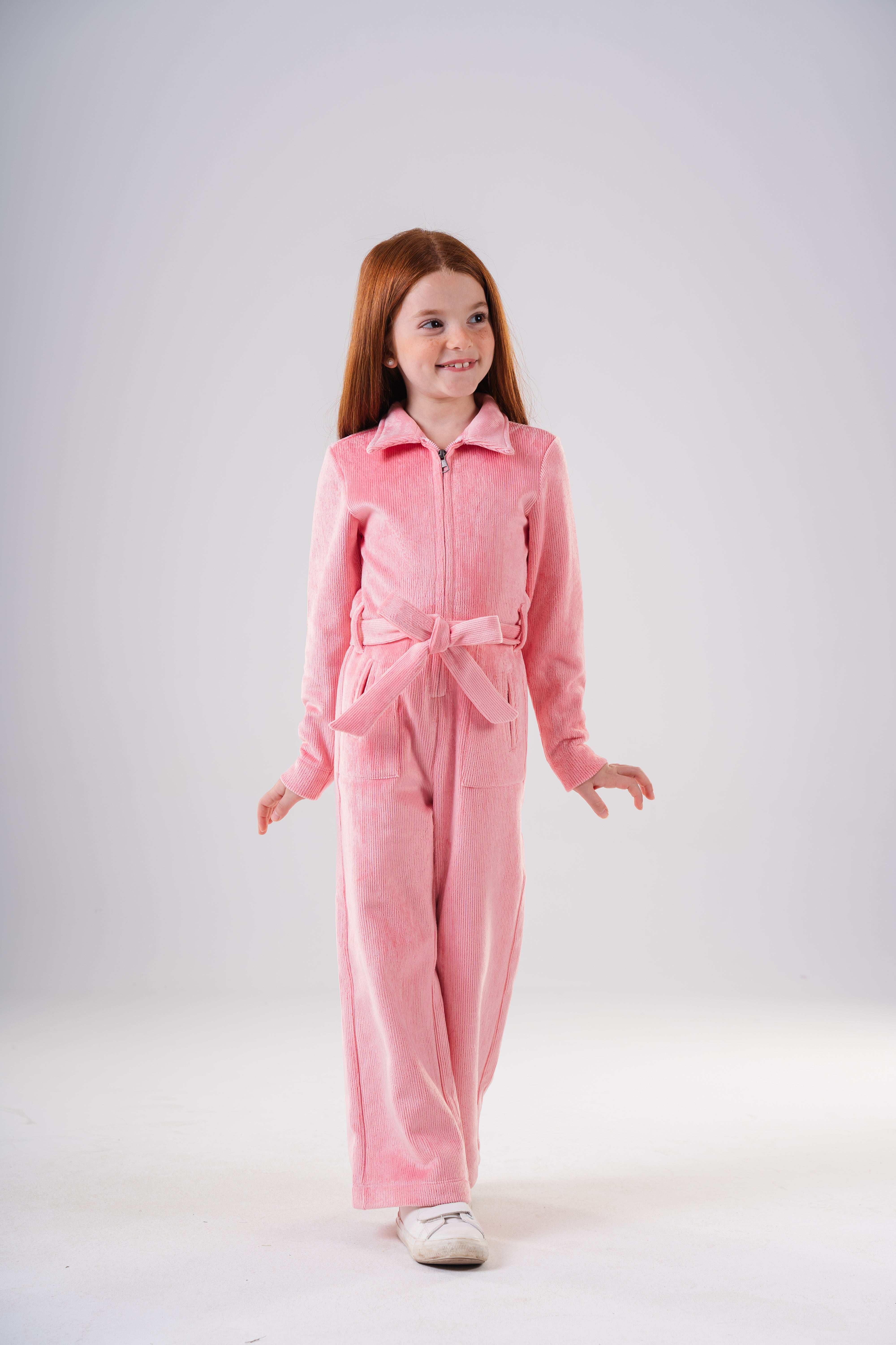 Girls High-Texture Corduroy Long Sleeve Jumpsuit