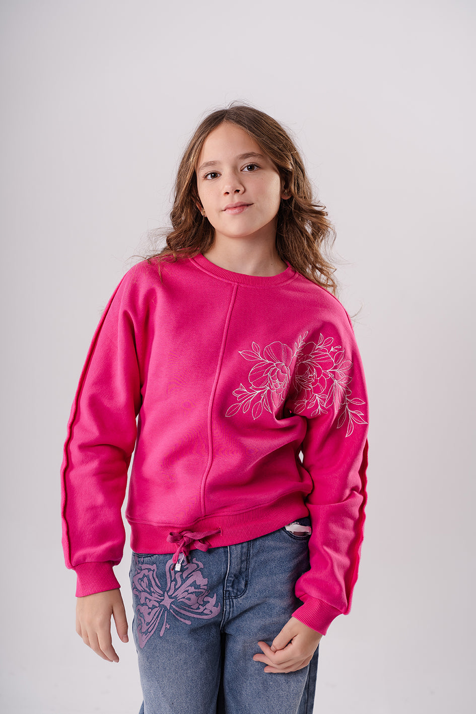 Girls Fuchsia Fleece Embroidered Full Sleeves Sweatshirt